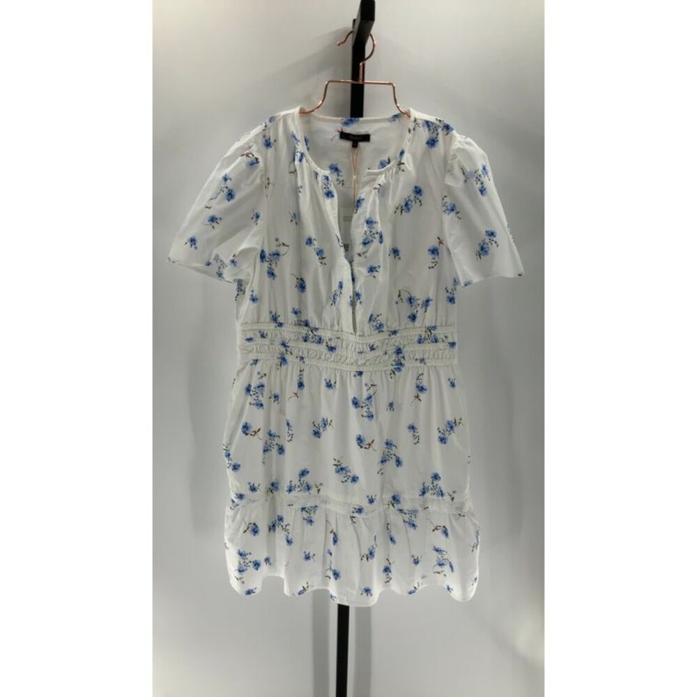 Quince White Mini Dress with Blue Floral Print